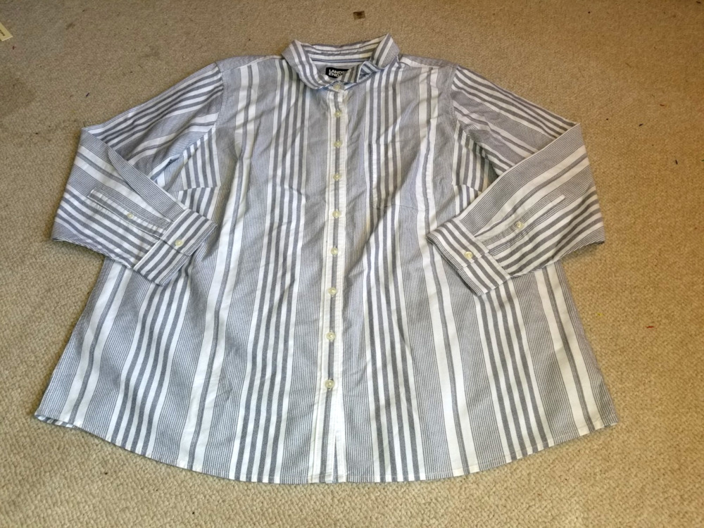 Womens Top-LANDS' END-navy/white striped cotton Oxford button-up collared ls-2X